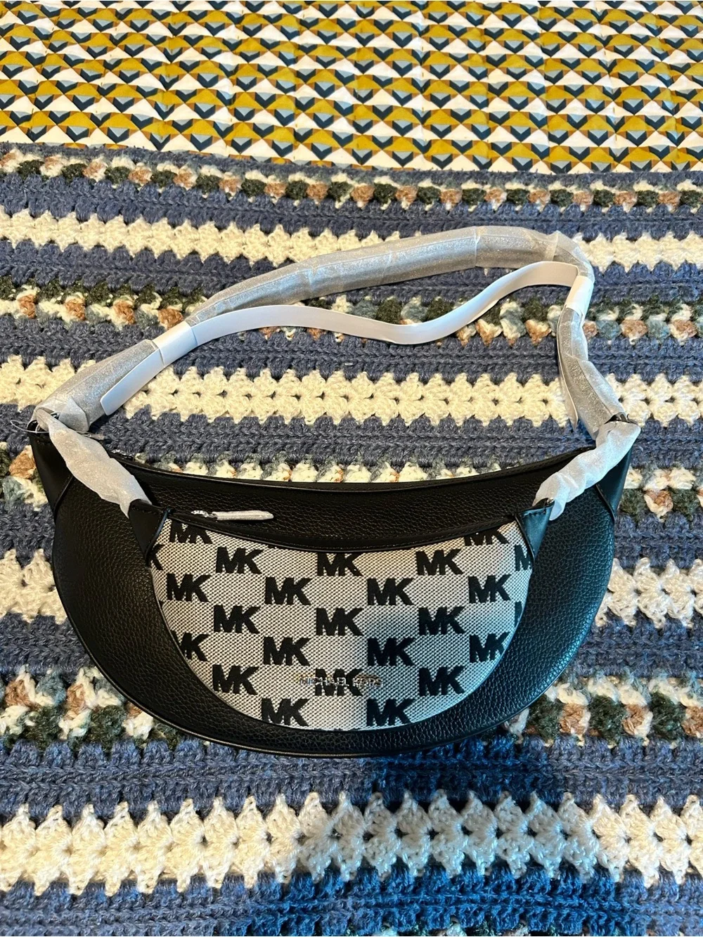 Michael Kors Black and White MK Monogram Crescent Shoulder Bag